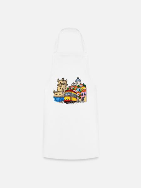 Lissabon Skyline mit bunter Straßenbahn - Kochschürze - Weiß