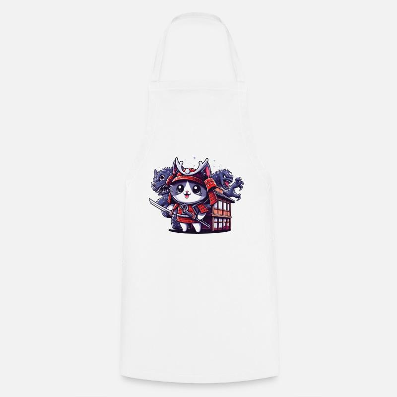 Samurai ninja cat behind Monster and Dojo - Cooking Apron - white