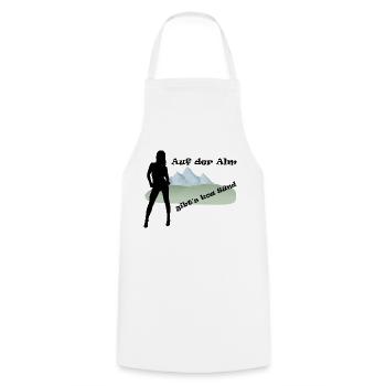 "Auf der Alm gibt's koa Sünd" by Claudia-Moda - Kochschürze - Weiß - Vorne - AI Model Male 185 dark (185cm)