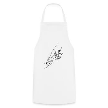 Child holds parents with finger (in black) - Cooking Apron - white - Front - AI Model Male 185 dark (185cm)
