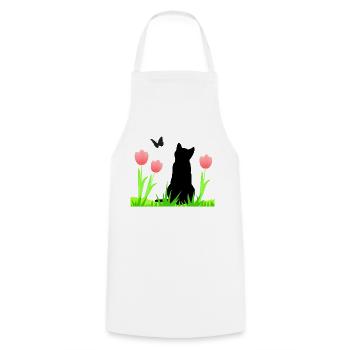 Frühlingsdesign - Katze, Tulpen, Schmetterling - Kochschürze - Weiß - Vorne - AI Model Male 185 dark (185cm)