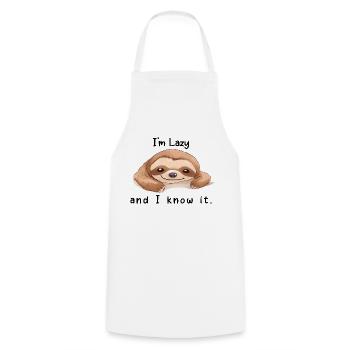 I ́m Lazy and i know it - Cooking Apron - white - Front - AI Model Male 185 dark (185cm)
