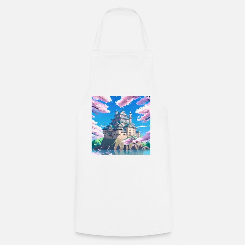 Japanese Castle surrounded by Cherry Blossom Trees - Cooking Apron - white
