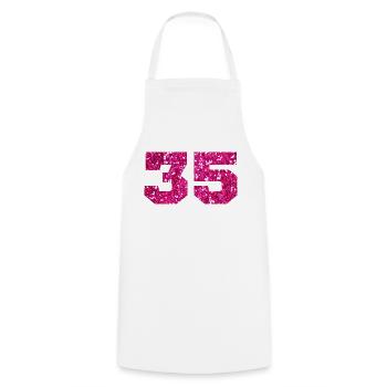 Numéro 35 paillettes rose - 35e anniversaire - Tablier de cuisine - blanc - Devant - AI Model Male 185 dark (185cm)