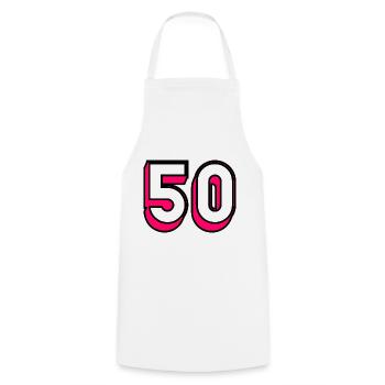 50 YEARS. 50th ANNIVERSARY. BIRTHDAY 50 YEARS. 50 - Cooking Apron - white - Front - AI Model Male 185 dark (185cm)