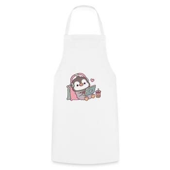 Süßer Pinguin Chillen mit Laptop und Boba-Tee - Kochschürze - Weiß - Vorne - AI Model Male 185 dark (185cm)
