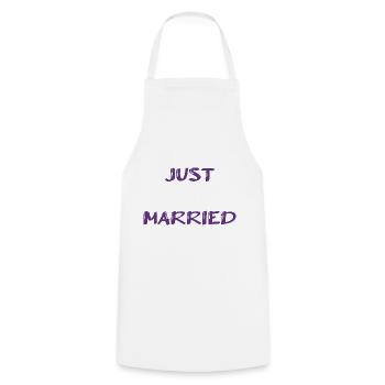 JUST MARRIED. bachelorette party. LOVE. SAINT VALENTINE. COUPLE. - Cooking Apron - white - Front - AI Model Male 185 dark (185cm)