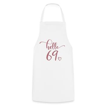 Hello 69 - Cadeau mignon de 69e anniversaire pour femmes - Tablier de cuisine - blanc - Devant - AI Model Male 185 dark (185cm)