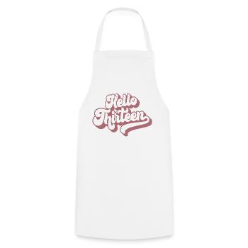 13th Birthday Gift, Hello Thirteen, 13 Years Old - Cooking Apron - white - Front - AI Model Male 185 dark (185cm)