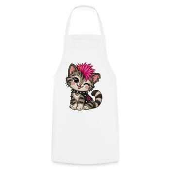 Punk Katze mit pinkem Iro – Stickmotiv Optik - Kochschürze - Weiß - Vorne - AI Model Male 185 dark (185cm)