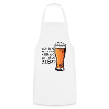 Ich bin jetzt hier, aber wo ist mein Bier? - Kochschürze - Weiß - Vorne - AI Model Male 185 dark (185cm)