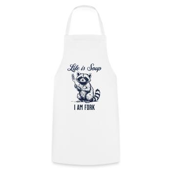 Funny Raccoon – Life is Soup - Cooking Apron - white - Front - AI Model Male 185 dark (185cm)