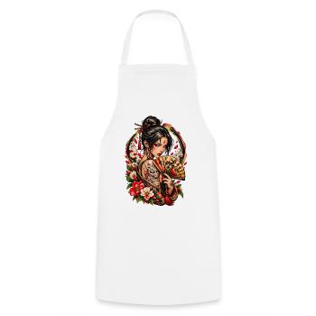 Japanische Kriegerin – Hannya & Fächer - Kochschürze - Weiß - Vorne - AI Model Male 185 dark (185cm)