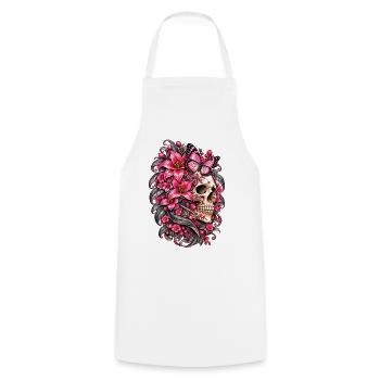 Totenkopffrau, Schädel, Schmetterlingsblüten, rosa Lilien - Kochschürze - Weiß - Vorne - AI Model Male 185 dark (185cm)