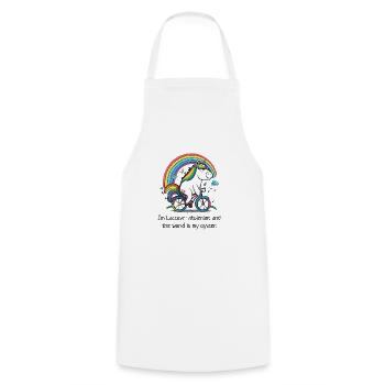 Unicorn on bicycle with slogan "lactose" - Cooking Apron - white - Front - AI Model Male 185 dark (185cm)