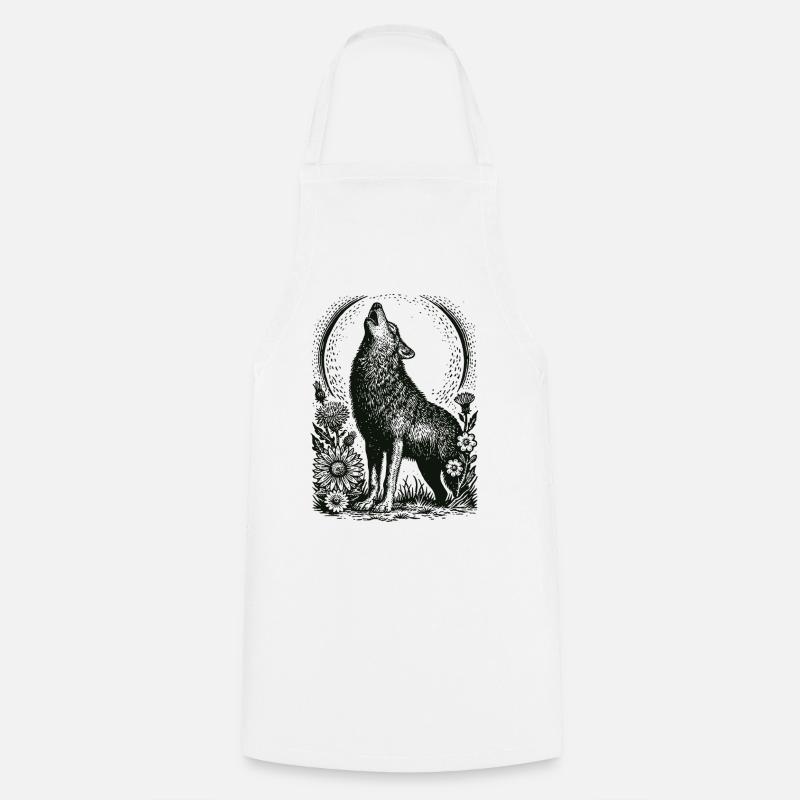 Howling Wolf in Floral Circular Frame - Cooking Apron - white
