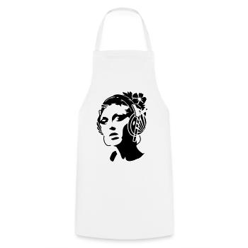 A young woman with headphones and a flower in her - Cooking Apron - white - Front - AI Model Male 185 dark (185cm)