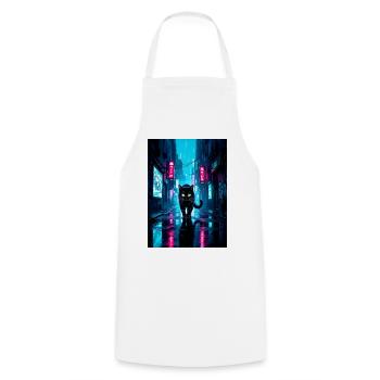 Schwarze CyberpunkKatze in neonfarbener Regenstadt - Kochschürze - Weiß - Vorne - AI Model Male 185 dark (185cm)