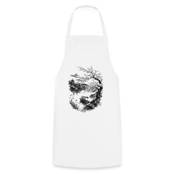 Japanese nature with cherry tree and Mount Fuji - Cooking Apron - white - Front - AI Model Male 185 dark (185cm)