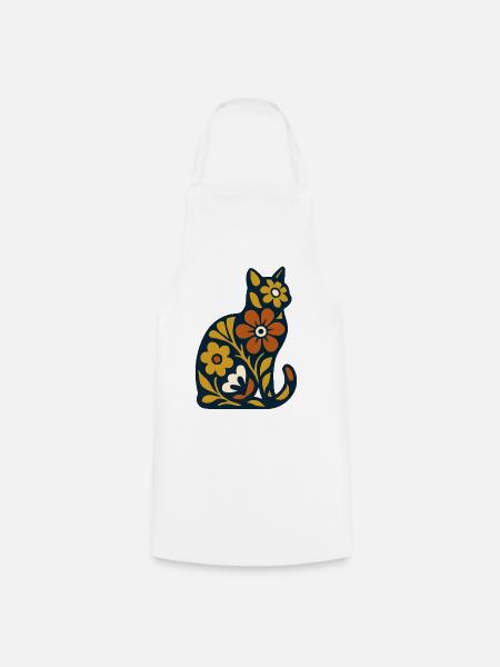 Blütenkatze Folk-Art Muster - Kochschürze - Weiß