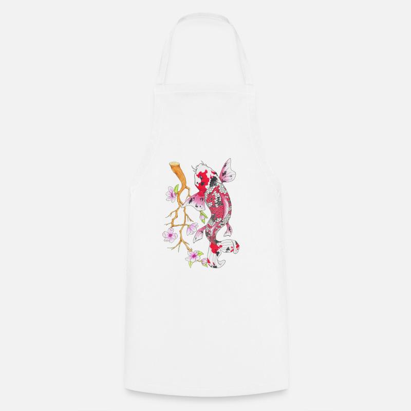 Koi carp Lotus Japanese design gift - Cooking Apron - white