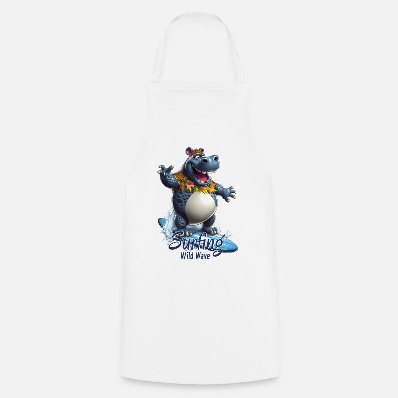 Hippopotame cool avec une planche de surf - surfeur - Tablier de cuisine - blanc