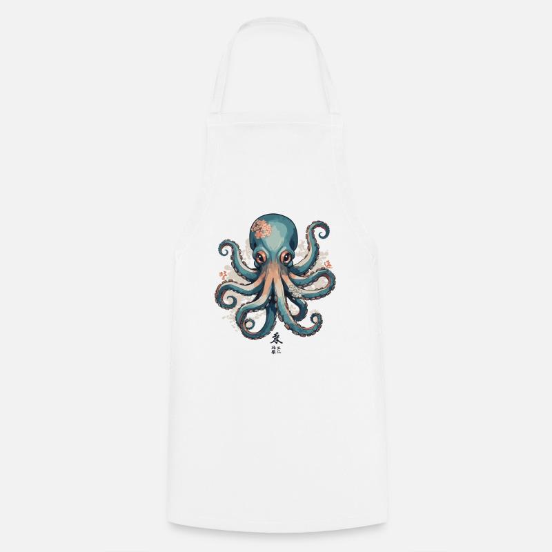 Octopus Ukiyo-E Cherry Blossoms Japan Sea Design - Cooking Apron - white