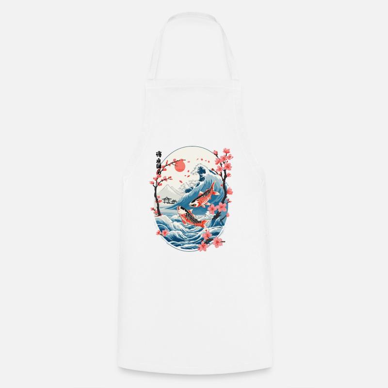 Vintage Ukiyo-E Koi carpe cerisier fleur Design - Tablier de cuisine - blanc