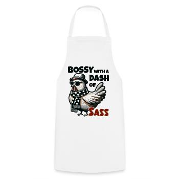 Bossy with a pinch of charm – Cool hen - Cooking Apron - white - Front - AI Model Male 185 dark (185cm)