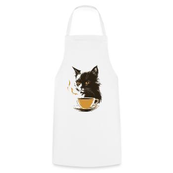 Katze mit gelber Kaffeetasse und dampfendem Kaffee - Kochschürze - Weiß - Vorne - AI Model Male 185 dark (185cm)