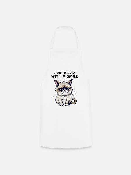 Start the Day with a Smile - Lustige Grumpy Katze - Kochschürze - Weiß