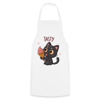 Chat gourmand et cornet glacé - Tablier de cuisine - blanc - Devant - AI Model Male 185 dark (185cm)
