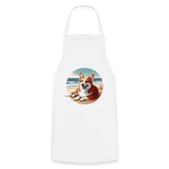 Welsh Corgi on the Beach Drawing - Cooking Apron - white - Front - AI Model Male 185 dark (185cm)