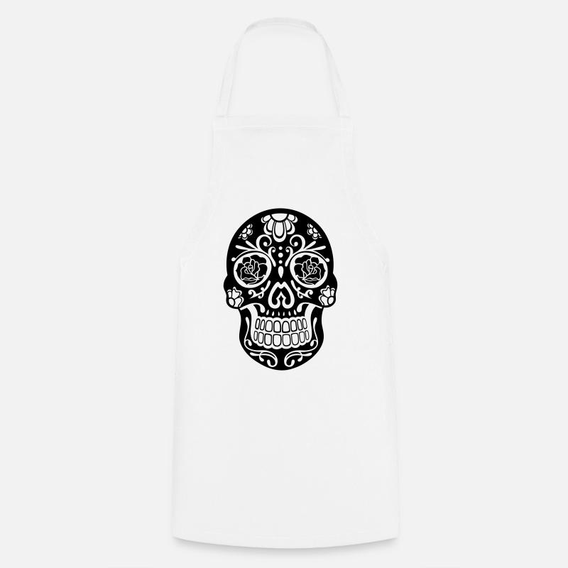 Sugar Skull Floral – Día de los Muertos Skull Blac - Cooking Apron - white
