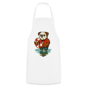 Rettungsschwimmer-Bulldoggen-Maskottchen hält Schwimmerring - Kochschürze - Weiß - Vorne - AI Model Male 185 dark (185cm)
