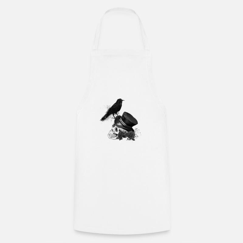 crâne avec chapeau haut de forme et corbeau sombre - Tablier de cuisine - blanc
