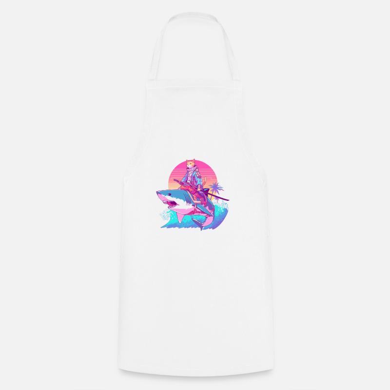 Samurai Cat on a Shark 80s - Cooking Apron - white
