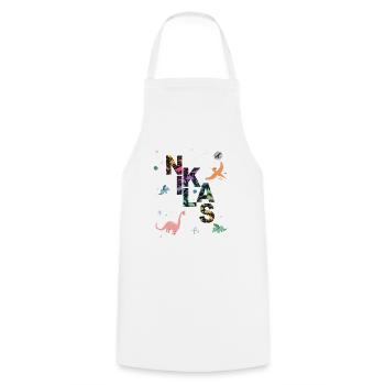 NIKLAS - Beautiful boy name with dinosaur - Cooking Apron - white - Front - AI Model Male 185 dark (185cm)