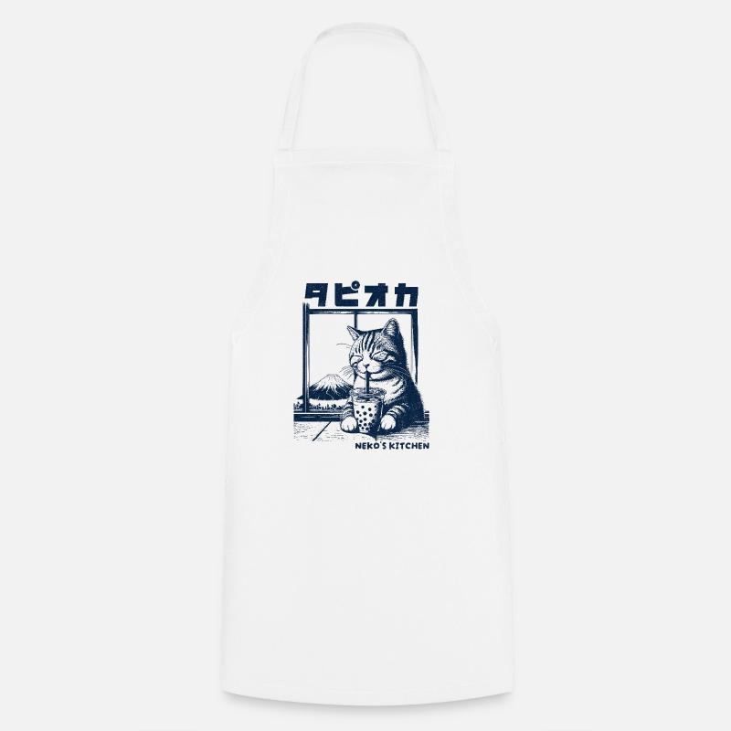 Nekos Kitchen - Boba Tea Katze - Kochschürze - Weiß