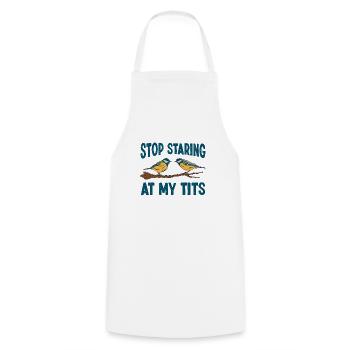 Funny Stop staring at my Tits Bird Gift for Birder - Cooking Apron - white - Front - AI Model Male 185 dark (185cm)