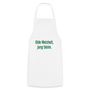Oide Weisheit, jung bleim – Bavarian saying - Cooking Apron - white - Front - AI Model Male 185 dark (185cm)