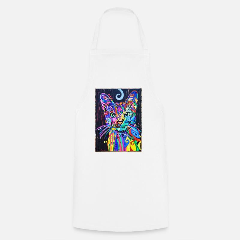 Cat Portrait with Psychedelic Design Pop Art - Cooking Apron - white