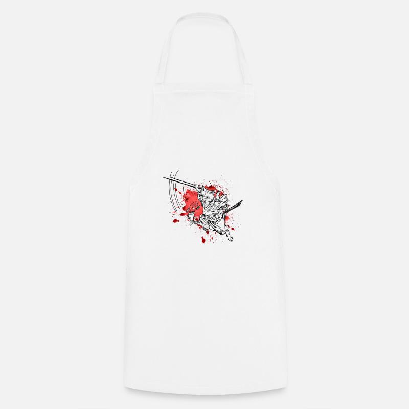 Cute samurai cat with sword and fish, splatter - Cooking Apron - white