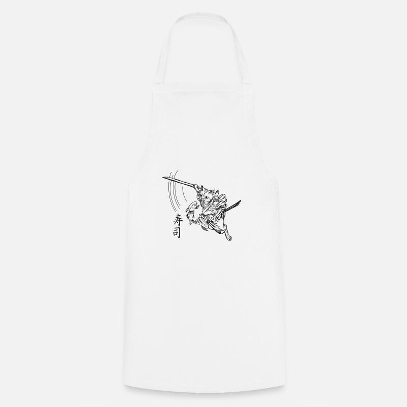 Samurai cat with Japanese writing "Suhshi" - Cooking Apron - white