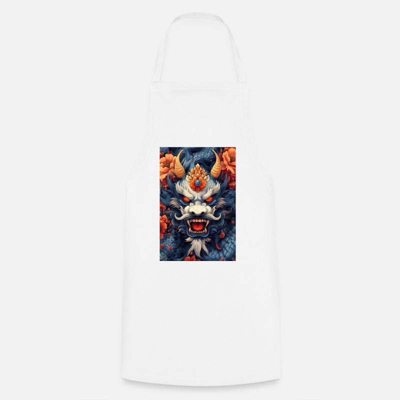 Tête de Dragon Bleue avec des Fleurs de Feu - Tablier de cuisine - blanc