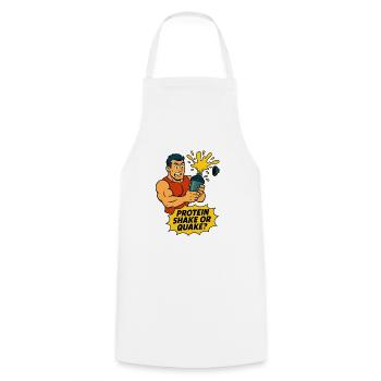 Dessin animé amusant sur le fitness - Shake protéiné ou tremblement de terre - Tablier de cuisine - blanc - Devant - AI Model Male 185 dark (185cm)