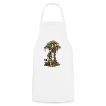 Treehouse poem: Old man squats in front of tree - Cooking Apron - white - Front - AI Model Male 185 dark (185cm)