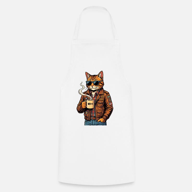 Chat motard avec du café - Tablier de cuisine - blanc