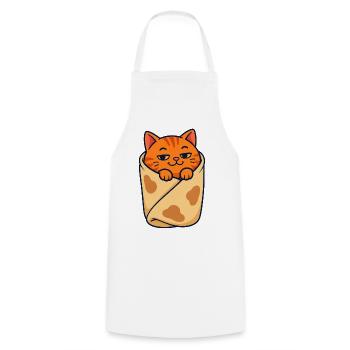 Orangefarbene getigerte Katze eingewickelt wie ein Burrito - Kochschürze - Weiß - Vorne - AI Model Male 185 dark (185cm)