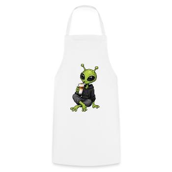 Alien mit Latte Macchiato - Kochschürze - Weiß - Vorne - AI Model Male 185 dark (185cm)